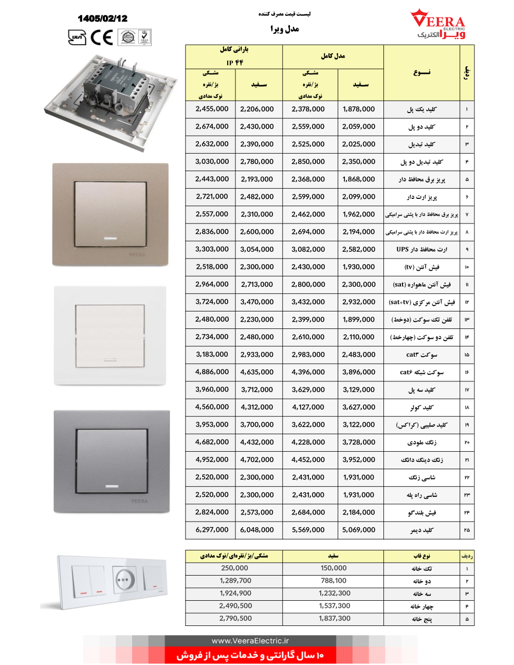 لیست قیمت کلید و پریز ویرا الکتریک اردیبهشت 1405 ساده
